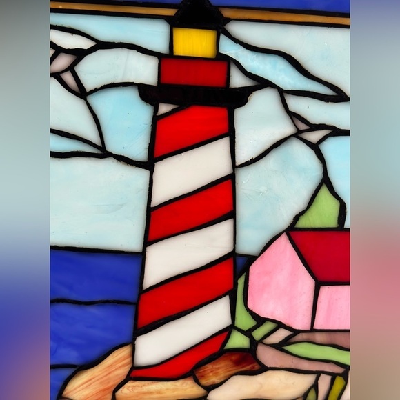 Hanging Rectangle Stained Glass Sailboat Lighthouse Nautical Harbor Scene 16x12” - Picture 9 of 11